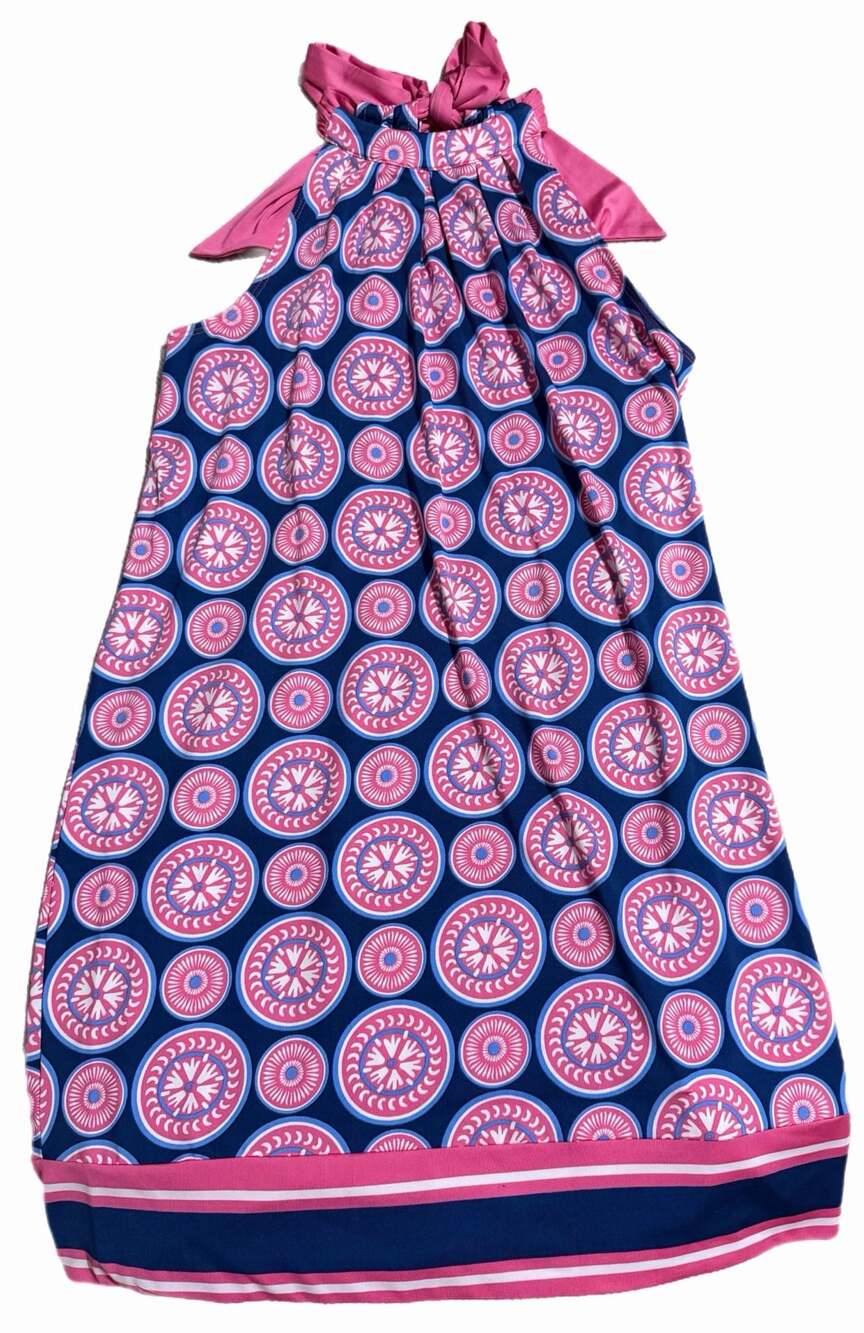 Sm Mud Pie Dress Blue and Pink Geometric Pinwheel Print Tie-Back neck